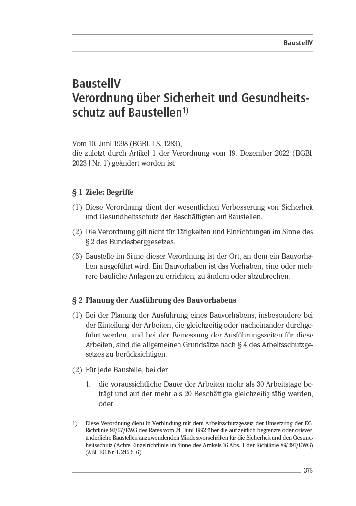 Beiblatt Verordnung über Sicherheit und Gesundheitsschutz auf Baustellen