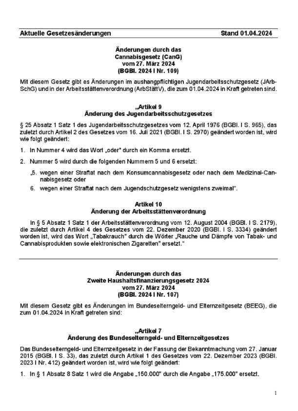 Beiblatt Arbeitsstättenverordnung_Jugendarbeitsschutzgesetz_Bundeselterngeld- und Elternzeitgesetz