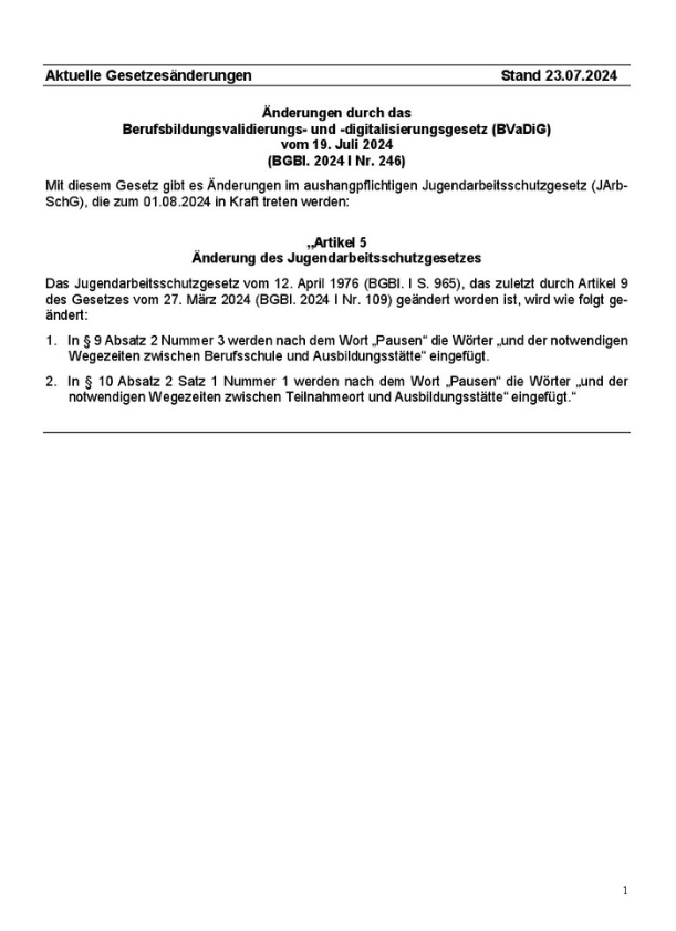 Beiblatt Jugendarbeitsschutzgesetz