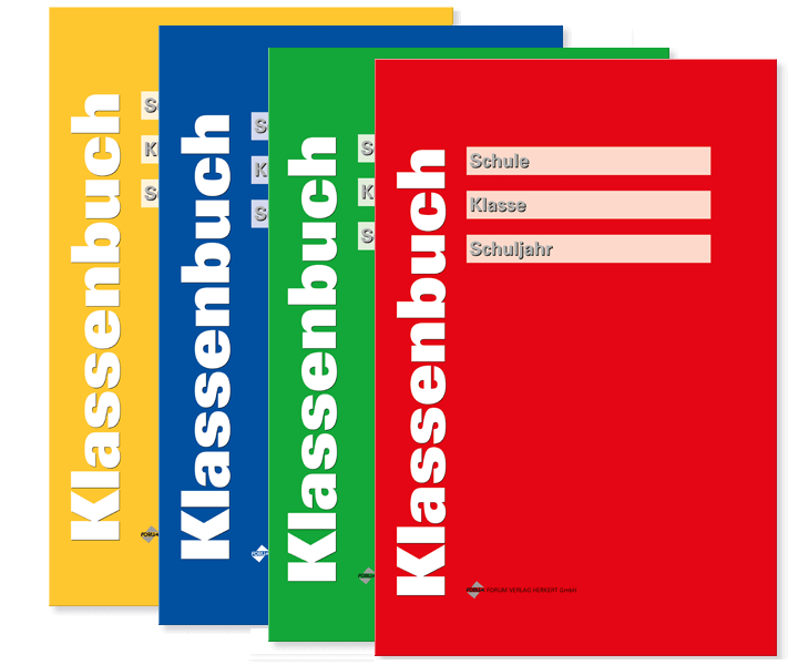 Klassenbuch rot, grün, blau, gelb