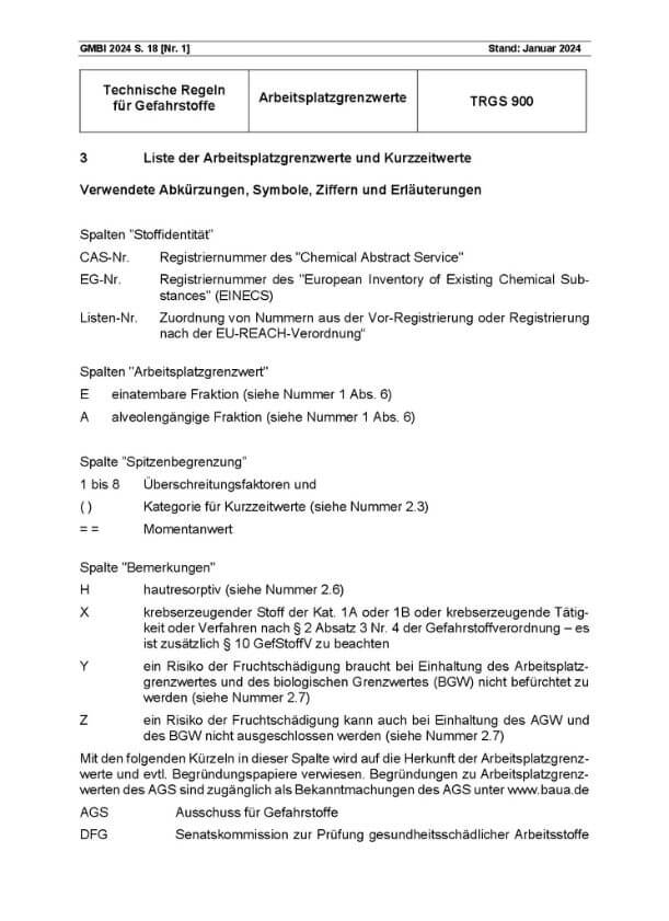 Beiblatt Technische Regel für Gefahrstoffe Arbeitsplatzgrenzwerte