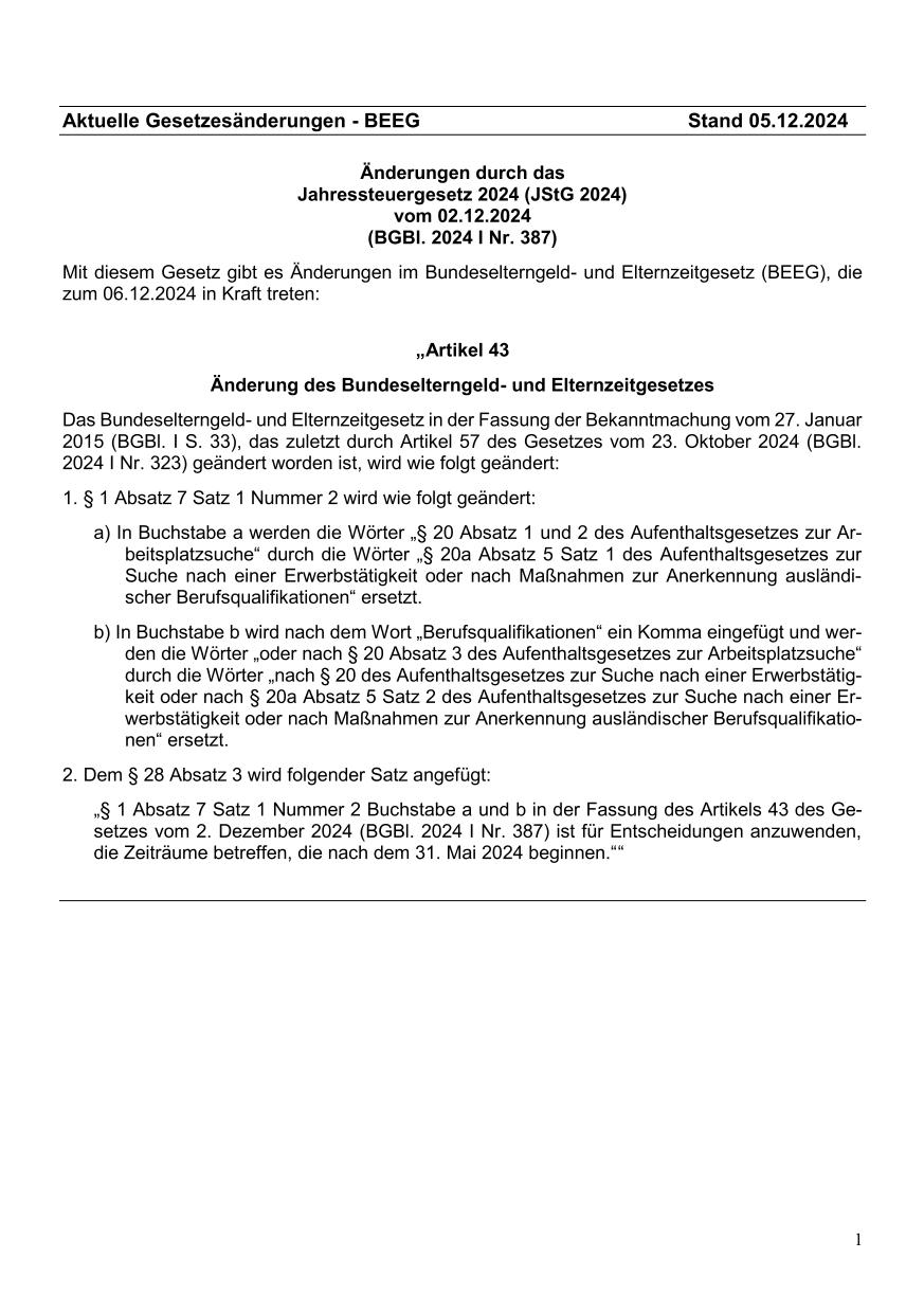 Beiblatt Bundeselterngeld- und Elternzeitgesetz