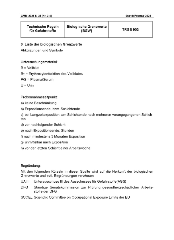 Beiblatt Technische Regel für Gefahrstoffe Biologische Grenzwerte